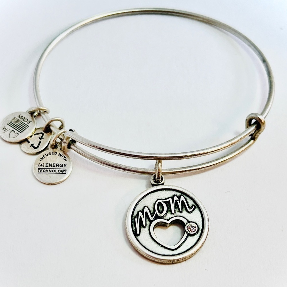 Alex and Ani "Mom" Heart with Crystal Expandable Bracelet SIlver